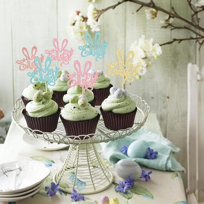 Ephlyn 24Pcs Happy Cupcake Toppers Glitter Rabbit Ear Cupcake Picks Decorations for Easter Day Theme Baby Shower Kids Birthday Party Supplies Multi