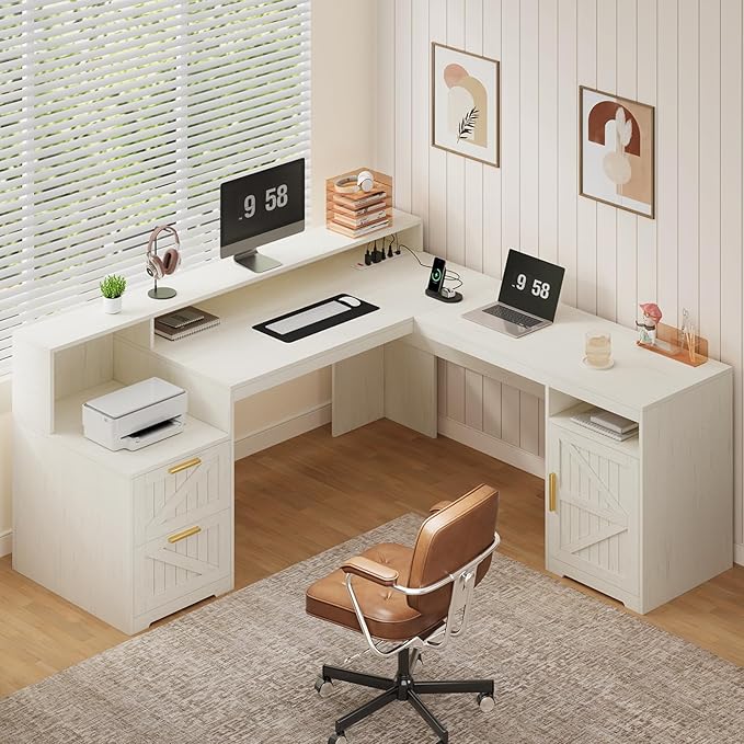 63" Farmhouse L Shaped Executive Desk with Drawers & Storage Shelf, Corner Computer Desk with Power Outlets, L Shaped Office Desk with Monitor Stand, Printer Shelf, White