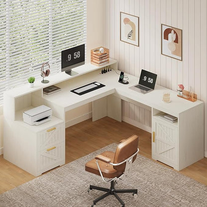 63" Farmhouse L Shaped Executive Desk with Drawers & Storage Shelf, Corner Computer Desk with Power Outlets, L Shaped Office Desk with Monitor Stand, Printer Shelf, White