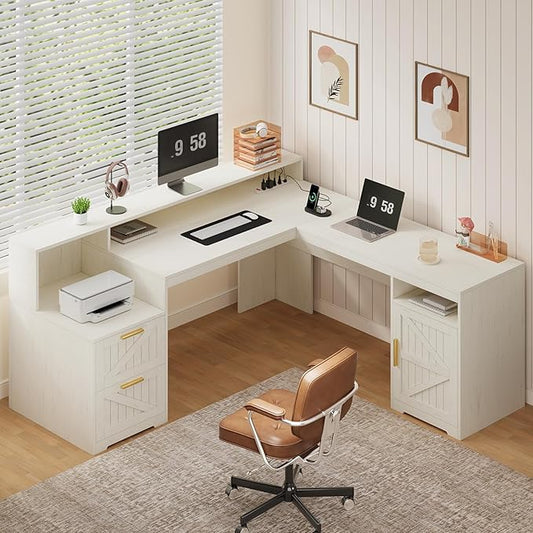 63" Farmhouse L Shaped Executive Desk with Drawers & Storage Shelf, Corner Computer Desk with Power Outlets, L Shaped Office Desk with Monitor Stand, Printer Shelf, White