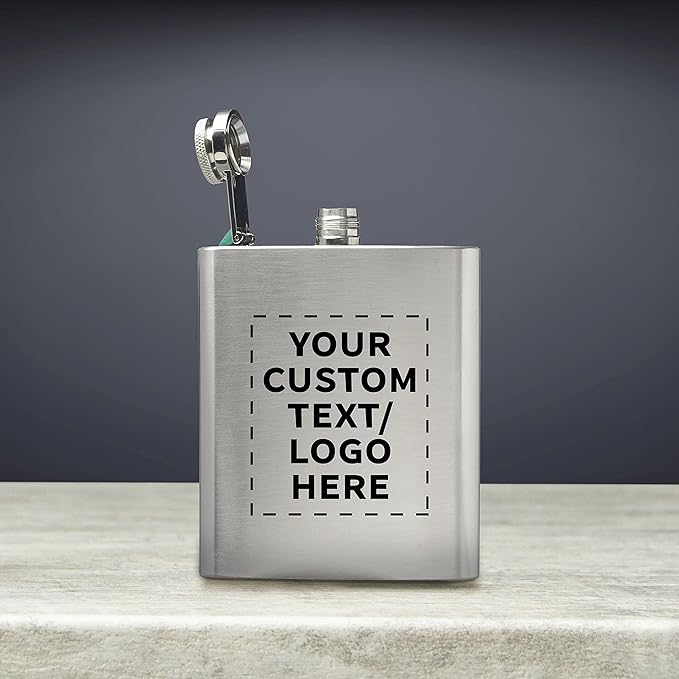 Custom Murano Stainless Steel Hip Flasks 6 oz. Set of 50, Personalized Bulk Pack - Screw on Cap, Great for Wedding Party Gifts, Groomsmen Gifts, Outdoor Activities - Silver