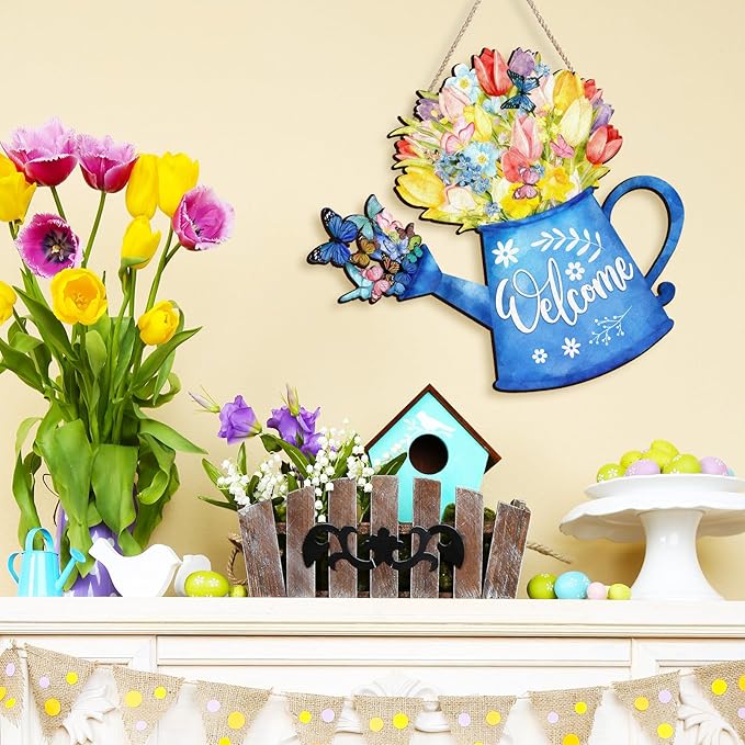 Kercan Easter Cross Wall Decoration with Purple Fabric, White Lily Flowers and Dove, He is Risen Wood Sign, 14.2x9.8 Inch Religious Home Decor (Water Can)