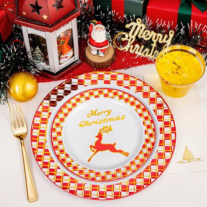 Ciaell 175PCS Christmas Plastic Plates - Red and Gold Plaid Plates include 25Dinner Plate, 25Dessert Plate, 25Knives, 25Forks, 25Spoons, 25cups, 25 Christmas Napkins for Christmas Party
