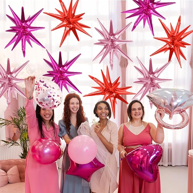 Hot Pink Red Star Balloons,9Pcs 22Inch Pink Red Explosion Spike Cone Helium Polyester Film Star Foil Balloons for Birthday Anniversary Baby Shower Valentine's Day Disco Party Decorations