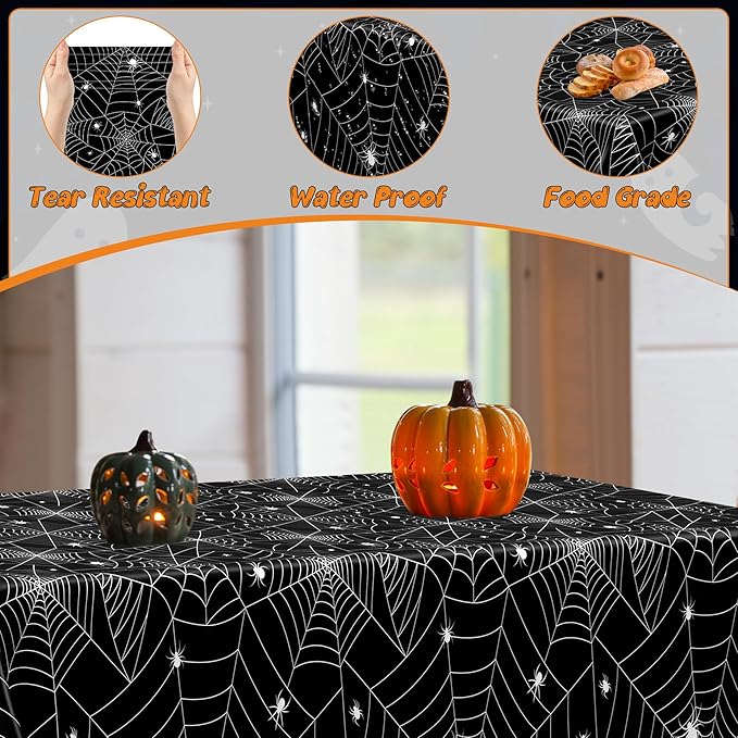 QZYL 3 PCS Halloween Table Cloths, 54" x 108" Spider Web Table Cloth, Black Disposable Tablecloth Plastic Tablecover, Spider Webs Halloween Decorations Party Supplies Tableware Decor
