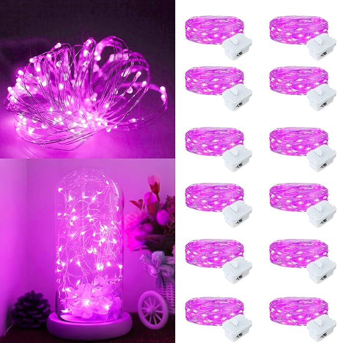 Fairy Lights,Silver Wire String Lights Waterproof,Battery Operated 7FT 20LED Firefly Starry Moon Lights for DIY Christmas Wedding Party Bedroom Decor (Pink, 12 Pack)