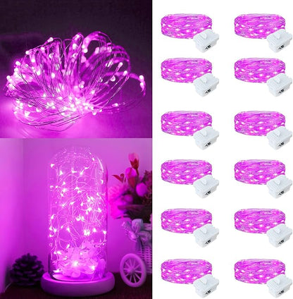 Fairy Lights,Silver Wire String Lights Waterproof,Battery Operated 7FT 20LED Firefly Starry Moon Lights for DIY Christmas Wedding Party Bedroom Decor (Pink, 12 Pack)