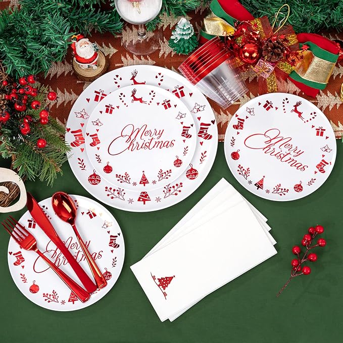 Ciaell 175 Pieces Christmas Plastic Plates include 50 Red Plastic Plates, 25Knives, 25Forks, 25Spoons, 25cups, 25Napkins for Christmas Party