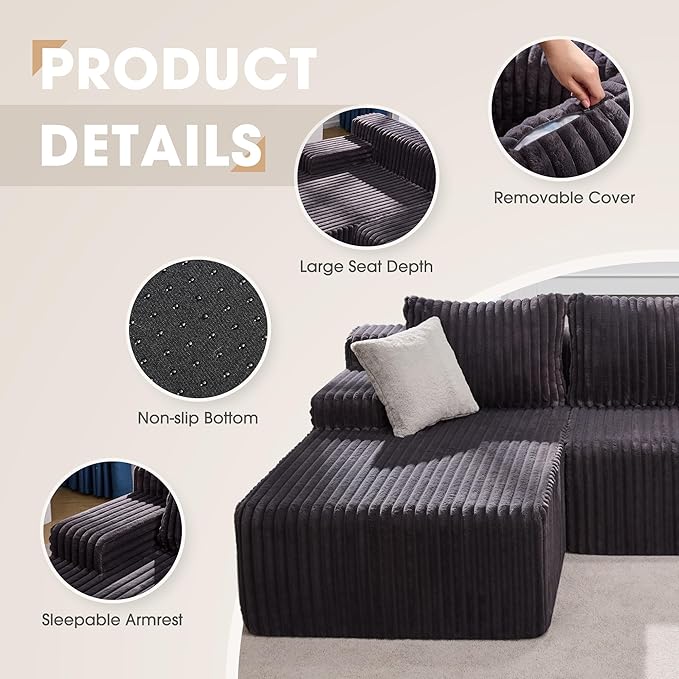 Hobestluk Modular Sectional Sofa Couches L-Shape Couch 3 Seat Modular Sofa Memory Foam Sectional Couches for Living Room, Cloud Couch with Oversized Chaise (96" Left Facing Chaise)
