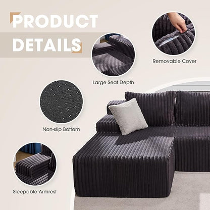 Hobestluk Modular Sectional Sofa Couches L-Shape Couch 3 Seat Modular Sofa Memory Foam Sectional Couches for Living Room, Cloud Couch with Oversized Chaise (96" Left Facing Chaise)