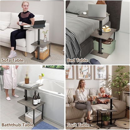 Swivel Side Table for Couch Arm, Height Adjustable C Table for Recliner or Bed, Tv Trays with Storage Shelf for Small Spaces- Small Nightstand Table for Living Room, Bedroom