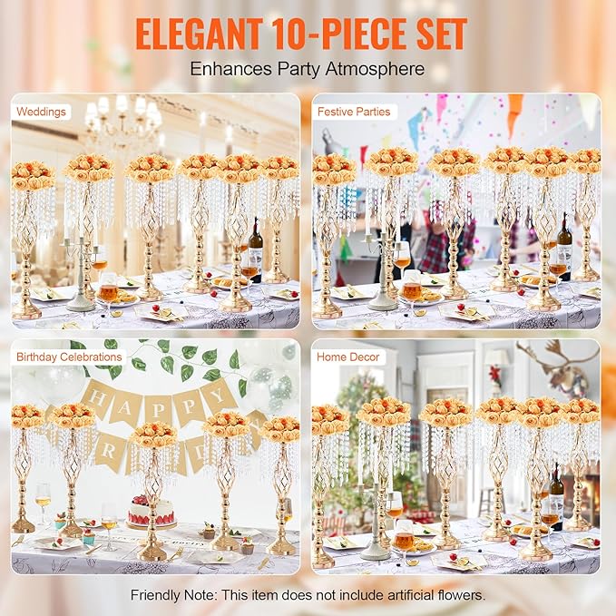 VEVOR 10PCS 55cm/21.65” Tall Crystal Wedding Flower Stand, Metal Wedding Centerpiece Vase, Gold Flower Holders Floral Display Rack for Tables Wedding Dinner Party, Ceremony Birthday Event Decor