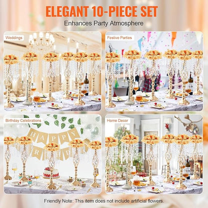 VEVOR 10PCS 55cm/21.65” Tall Crystal Wedding Flower Stand, Metal Wedding Centerpiece Vase, Gold Flower Holders Floral Display Rack for Tables Wedding Dinner Party, Ceremony Birthday Event Decor