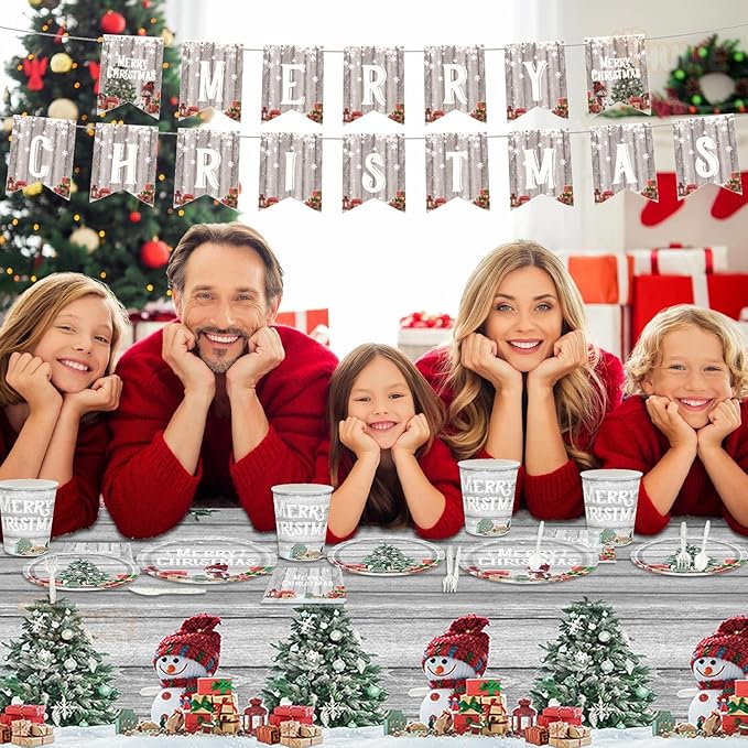 Christmas Plates Disposable Party Set, 170 Pcs MERRY CHRISTMAS Banner Tablecloths Plates Paper Napkins Cups Plastic Knifes Forks Spoons for Christmas Dinner Christmas Party Decorations Supplies