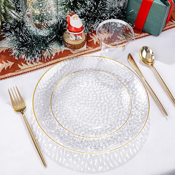 Rubtlamp 60Pcs Clear Plastic Plates,Clear Disposable Plates With Gold Rim,Heavy-duty Gold Plates,Hammered Party Plates Include 30Clear Dessert-Platos,30Dinner-Platos for Wedding, Party&Christmas