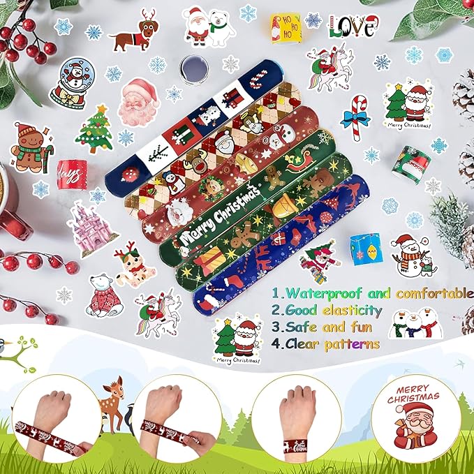 99pcs Christmas Decorations Set – 24PCS Slap Bracelets and 75PCS Stickers, Bulk Christmas Gifts and Party Favors, Fun Holiday Wristbands for Festive Gifts & Stocking Stuffers