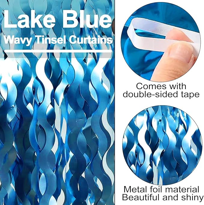 4 Pack Lake Blue Fringe Curtain Backdrop 3.2Ft x 8.2Ft Metallic Tinsel Foil Fringe Streamers Background for Photo Booth Mother's Day, Easter, Carnival, Birthday, Wedding Party Decoration