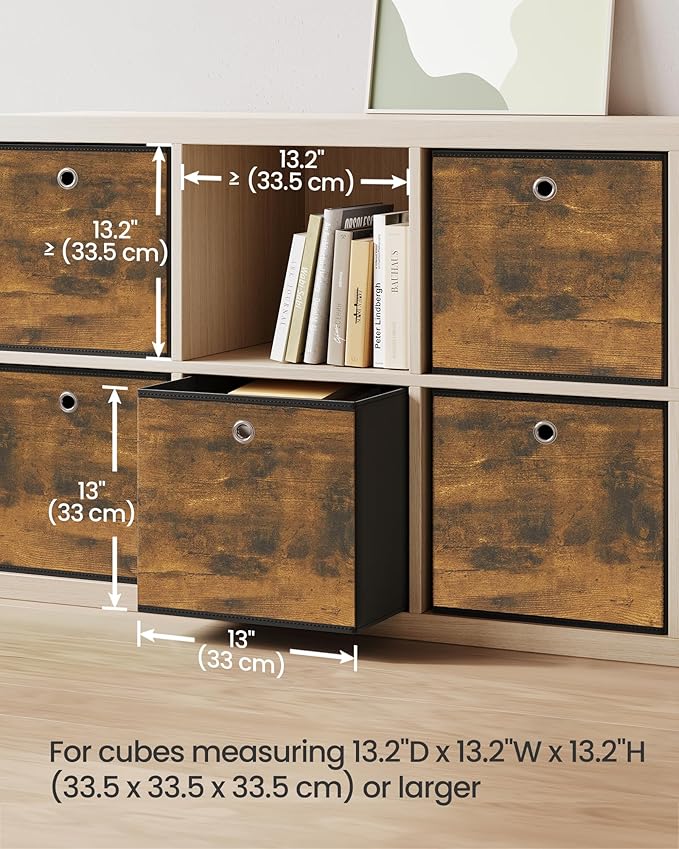 SONGMICS Storage Cubes, Set of 6 Storage Bins with Handles, Foldable Oxford Fabric and Non-Woven Fabric Storage Boxes, 13x13x13 Inches, Fit Cube Storage Unit, Rustic Brown URFB133B01