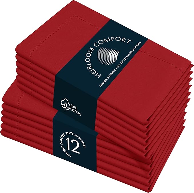 Red Cloth Napkins 18x18 Inch - Set of 12-100% Cotton, Soft, Absorbent, Reusable, Washable - Elegant Hemstitch Mitered Edges - Ideal for Dinner, Parties, Events, Everyday Use