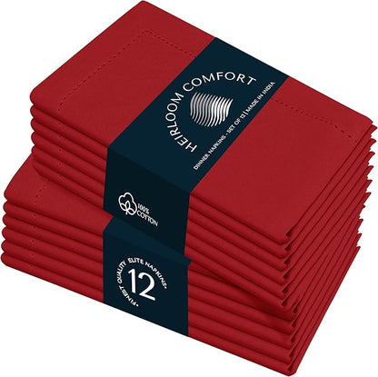 Red Cloth Napkins 18x18 Inch - Set of 12-100% Cotton, Soft, Absorbent, Reusable, Washable - Elegant Hemstitch Mitered Edges - Ideal for Dinner, Parties, Events, Everyday Use