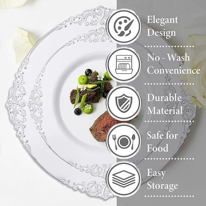 Nervure 350PCS Silver Plastic Dinnerware - White and Silver Disposable Plates for 50 Guests - 100 Disposable Plates, 150 Plastic Silverware, 50 Cups, 50 Napkins for Wedding & Party