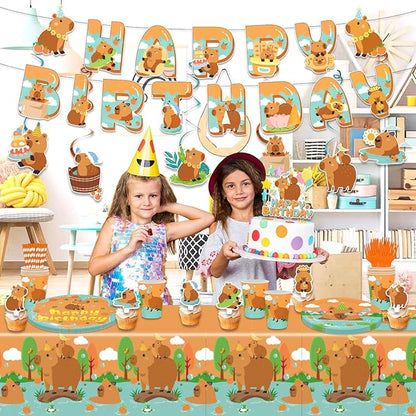 162PCS Capybara Birthday Party Decorations, Capybara Party Supplies Disposable Plates and Napkins Set, Tableware,Banner, Hanging Swirls, Tablecloth, Cake Cupcake Topper, Baby Shower