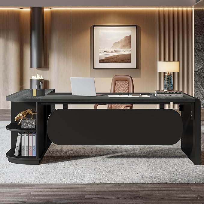 Tribesigns 80'' L-Shaped Desk Set of 4, Large Executive Office Desk with 55'' Drawers Cabinet, Modern Computer Table with Storage Shelves, Business Furniture for Office, Grey