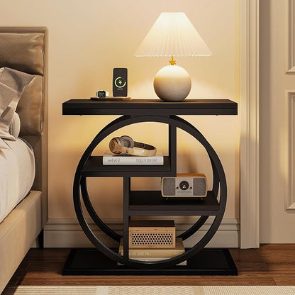 Tribesigns Black End Table for Living Room, 4-Tier Narrow Side Table with Storage Shelves, Modern Bedside Table for Bedroom, Wood Small Sofa Side Table with Geometric Metal Frame (1 PC, Black)
