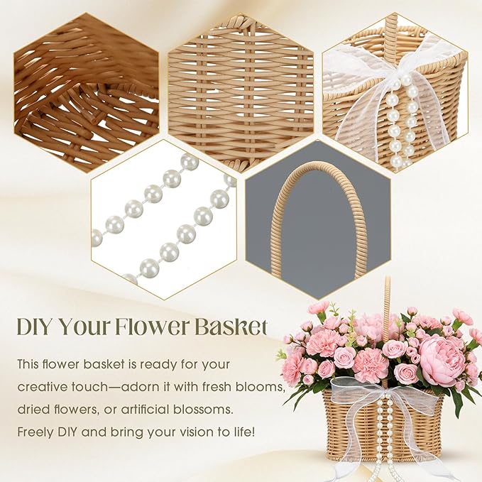 1 Pcs Wicker Rattan Flower Girl Basket with Bows and Pearl 11.8x8.7x5.1 Inches Rustic Wedding Basket for Flower Girl, Hand Woven Willow Storage for Ceremonies Home Decoration (Waisted)