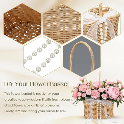 1 Pcs Wicker Rattan Flower Girl Basket with Bows and Pearl 11.8x8.7x5.1 Inches Rustic Wedding Basket for Flower Girl, Hand Woven Willow Storage for Ceremonies Home Decoration (Waisted)