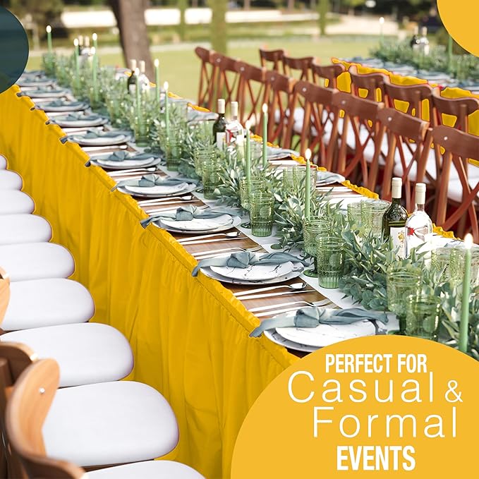 Exquisite Ruffle Table Skirt Yellow 14 Ft Long for Rectangle Tables 6ft Plus or Round Tables with Adhesive Strip for Gender Reveal Decor and Happy Birthday Parties, 2 Pack