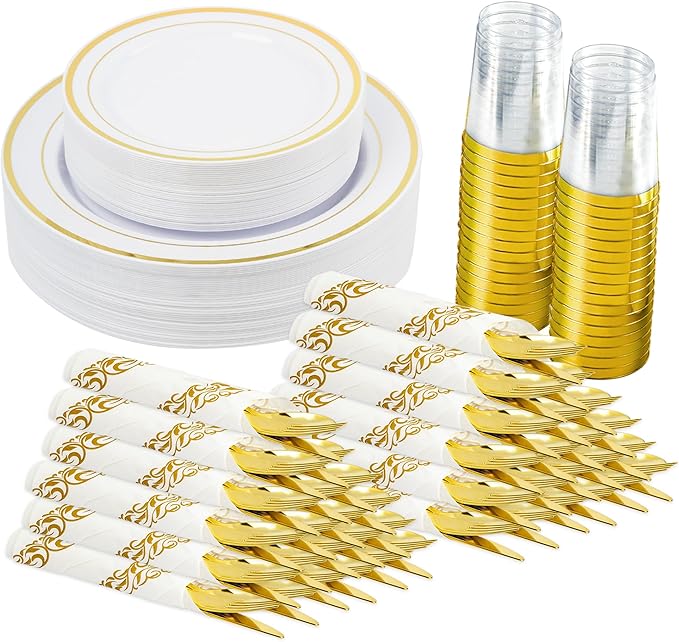 175 Pcs Gold Disposable Plates for 25 Guests, Disposable Plastic Plates, Dinnerware Set Include 25 Dinner Plates, 25 Salad Plates,25 Cups, 25 Paper Napkins for Party, Wedding, Thanksgiving