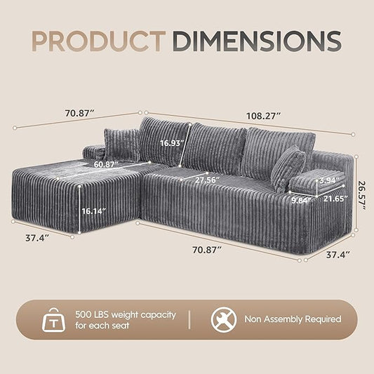 Hobestluk Modular Sectional Sofa Couches L-Shape Couch 3 Seat Modular Sofa Memory Foam Sectional Couches for Living Room, Cloud Couch with Oversized Chaise (108" Left Facing Chaise)