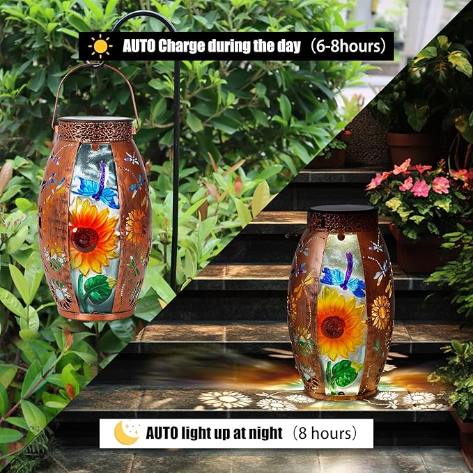 Solar Lanterns Outdoor Hanging Lights Decor Dragonfly Lantern Waterproof Metal LED Sunflower Light Decorative Garden,Yard,Patio,Lawn,Gifts for Women Mom