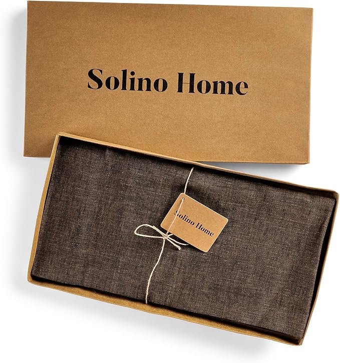 Solino Home Linen Tablecloth 60 x 120 Inch - 100% Pure Linen Chambray Brown Table Cloth for Rectangle Tables - Athena, Machine Washable Tablecloth for Fall, Autumn