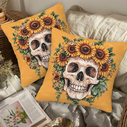 Sugar Skull Throw Pillow Covers 18x18 Set of 2 | Decorative Cushion Cases for Couch, Sofa and Bedroom | Day of The Dead Gifts for Women | Modern Mexican Pillowcases for Home Decor