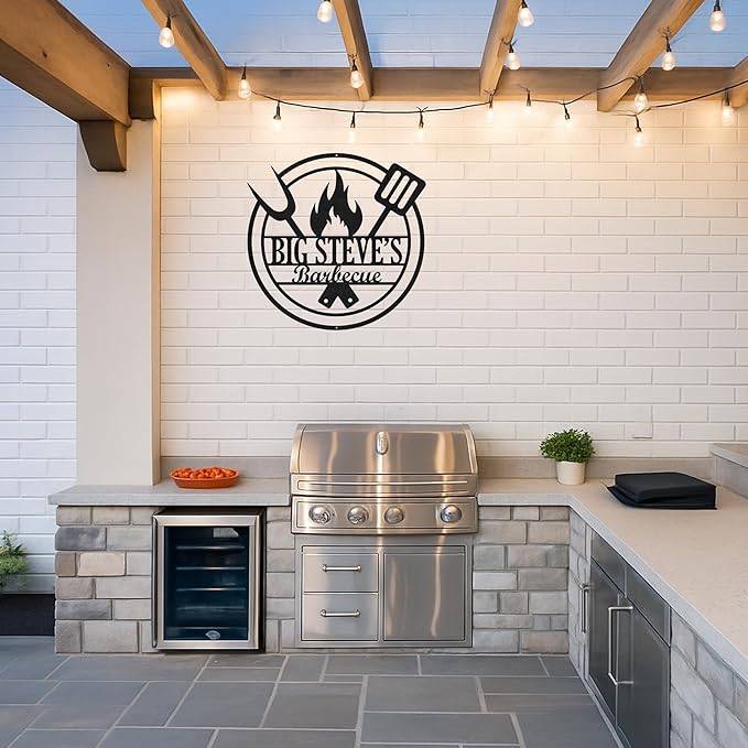 Personalized Outdoor BBQ Metal Sign, Custom Name Grill Cut Wall Art for Backyard Patio, Rustic Barbecue Kitchen Decor