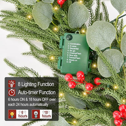 9FT Christmas Garland with Lights, Battery Operated Garland with Red Berries and Eucalyptus Leaves, Real Touch Artificial Prelit Garland for Mantle, Fireplace, Table, Stairs & Christmas Decorations