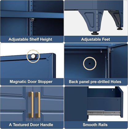 75" Tall Metal Storage Cabinet, Kitchen Pantry Storage Cabinets with Doors and 3 Shelves, Blue Pantry Cabinet with Drawer, Utility Kitchen Cupboard, Large Steel Cabinets for Living Room