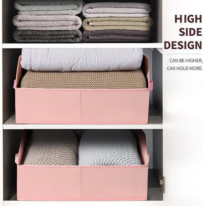 Closet Baskets for Shelves Trapezoid - Decorative Storage Baskets with Handle, Closet Bins for Organization, Shelf Storage Bins for Clothes, Books, Home, Office, 3 Pack, Pink