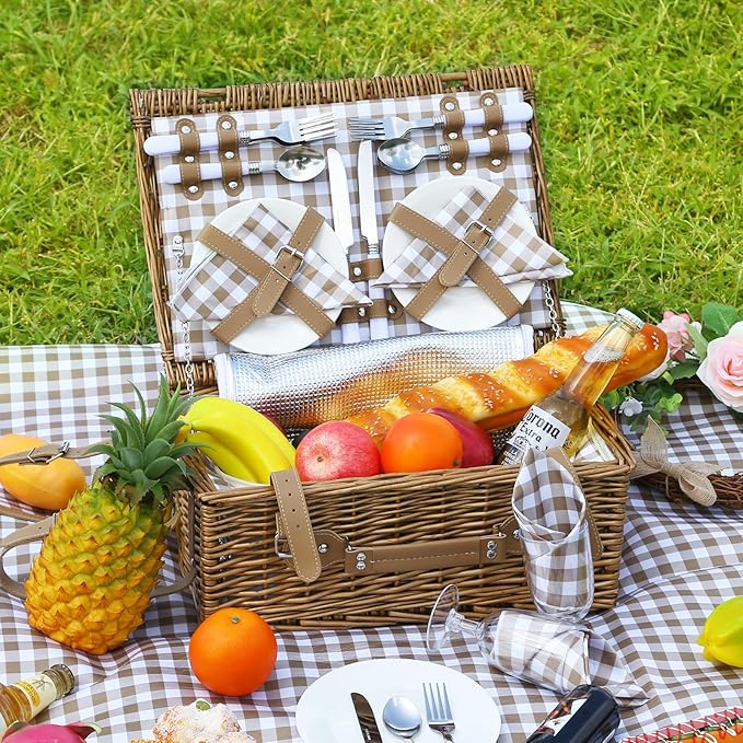 Neti Neti Wicker Picnic Basket for 4 with Insulated Cooler & Waterproof Blanket – Large Willow Picnic Hamper for Outdoor, Camping, Beach, Romantic Dates, Valentine’s Day