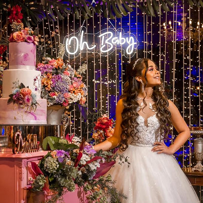 Oh Baby Neon Sign for Backdrop, 16.5”x 6.9” Dimmable Led Light up Sign for Baby Shower - Gender Reveal Birthday Party Decorations - White
