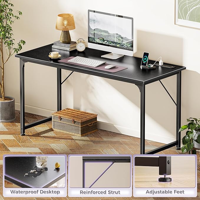 PRAISUN 55 X 20 Inch Office Computer Desk with Power Outlets and USB-C Port, Larger and Longer Gaming Desk, for Home Office, Study, Bedroom, Writing Work from Home Table, Metal Frame, Black