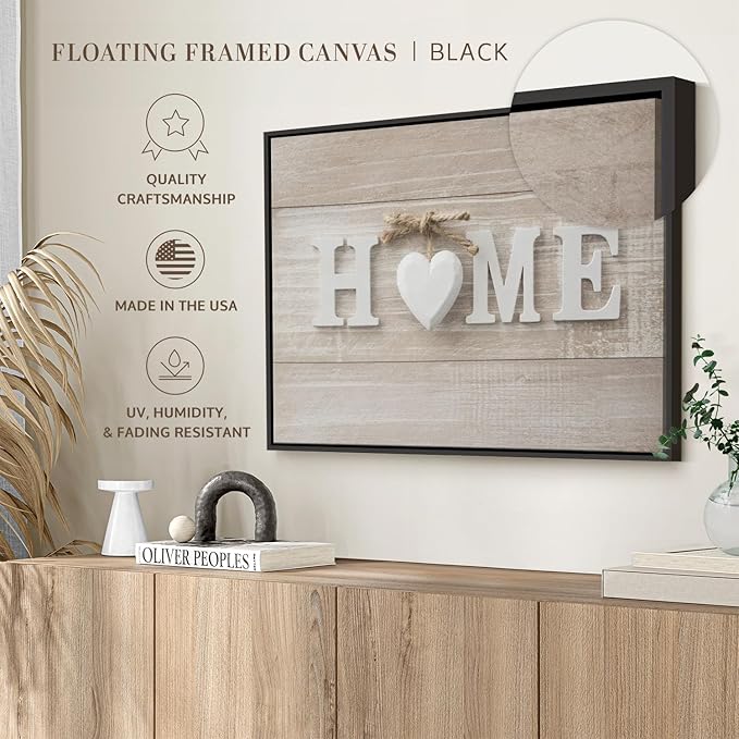 ElephantStock Home Sign Wall Art - Horizontal Floating Framed Canvas - 1-Piece Living Room Wall Decor - Photography Typography Canvas Print - Brown and Beige Decor for Wall - 43" X 29"