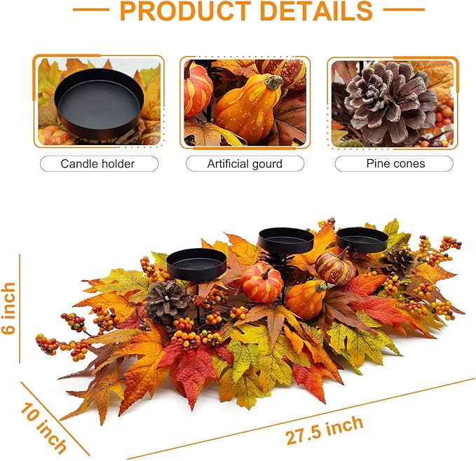 Thanksgiving Centerpiece Fall Table Decorations, Artificial Gourd, Pumpkins, Pine Cones, Maple Leaves and Berries Harvest Table Candle Holder for Dinning Table, Fireplace Mantel (Candle Not Included)