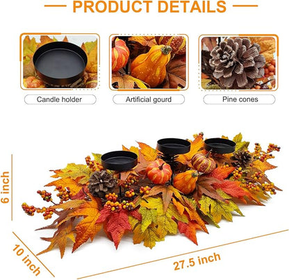 Thanksgiving Centerpiece Fall Table Decorations, Artificial Gourd, Pumpkins, Pine Cones, Maple Leaves and Berries Harvest Table Candle Holder for Dinning Table, Fireplace Mantel (Candle Not Included)