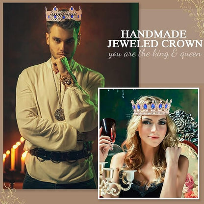 MTLEE 2 Pcs Prom King and Queen Crowns for Men Women King Queen Crowns Tiara with Rhinestone for Wedding Birthday Grad(Blue Gold, Blue Style)