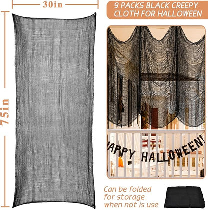 ZeeDix 9 Pack Black Halloween Creepy Cloth 30 x 75 Inch Halloween Decoration Spooky Scary Gauze Cloth Black Cheesecloth for Party Supplies Outdoor Yard Home Wall Doorways