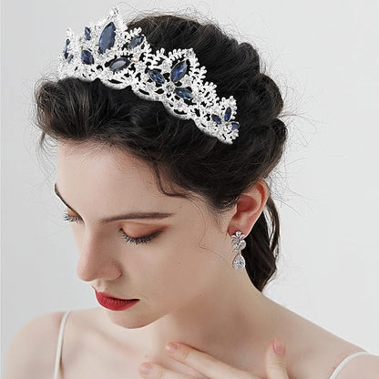 Silver Tiara for Women Sapphire Crown for Girls Wedding Princess Birthday Crystal Rhinestones Headbands for Prom Bridal Party Halloween Costume Christmas Gift