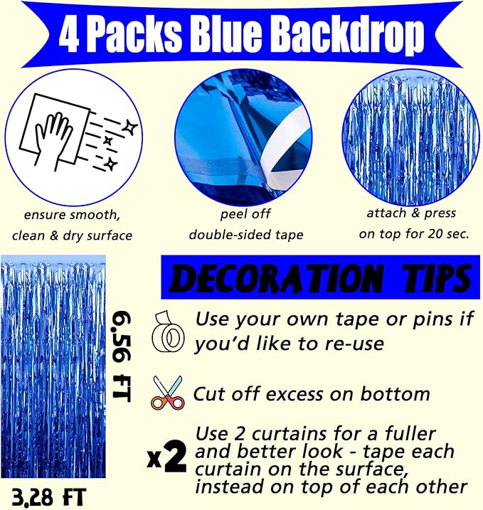 4 Pack Blue Fringe Curtain Backdrop, 3.2Ft x 6.6Ft Metallic Tinsel Foil Fringe Streamers Background for Photo Booth Birthday Wedding Baby Shower Easter Shark Pool Ocean Underwater Party Decorations